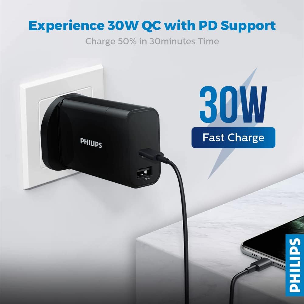Philips Ultra Fast Type-C & USB-A PD and QC Outputs Wall Charger, 30W