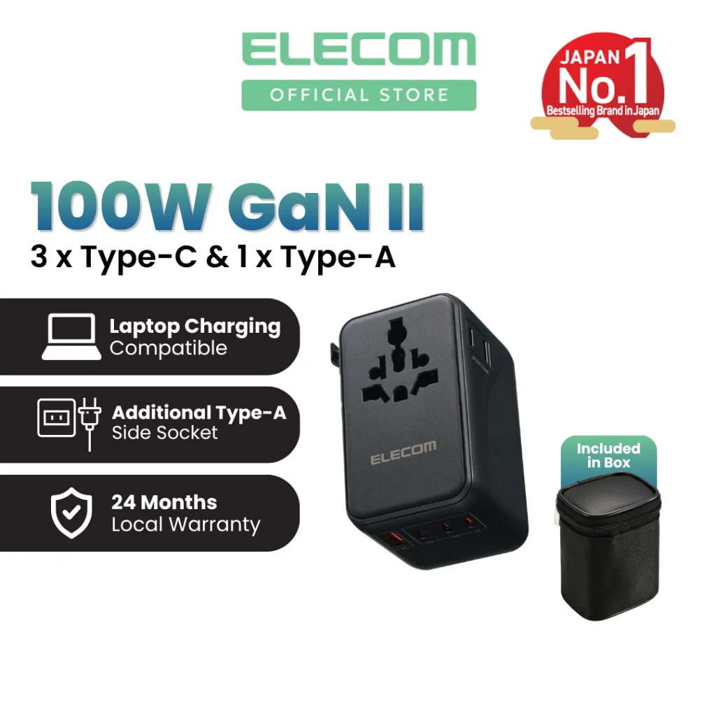 ELECOM Universal Travel Adapter, GaN II 100W International Plug Type C Type A Charging Port Storage Bag Included