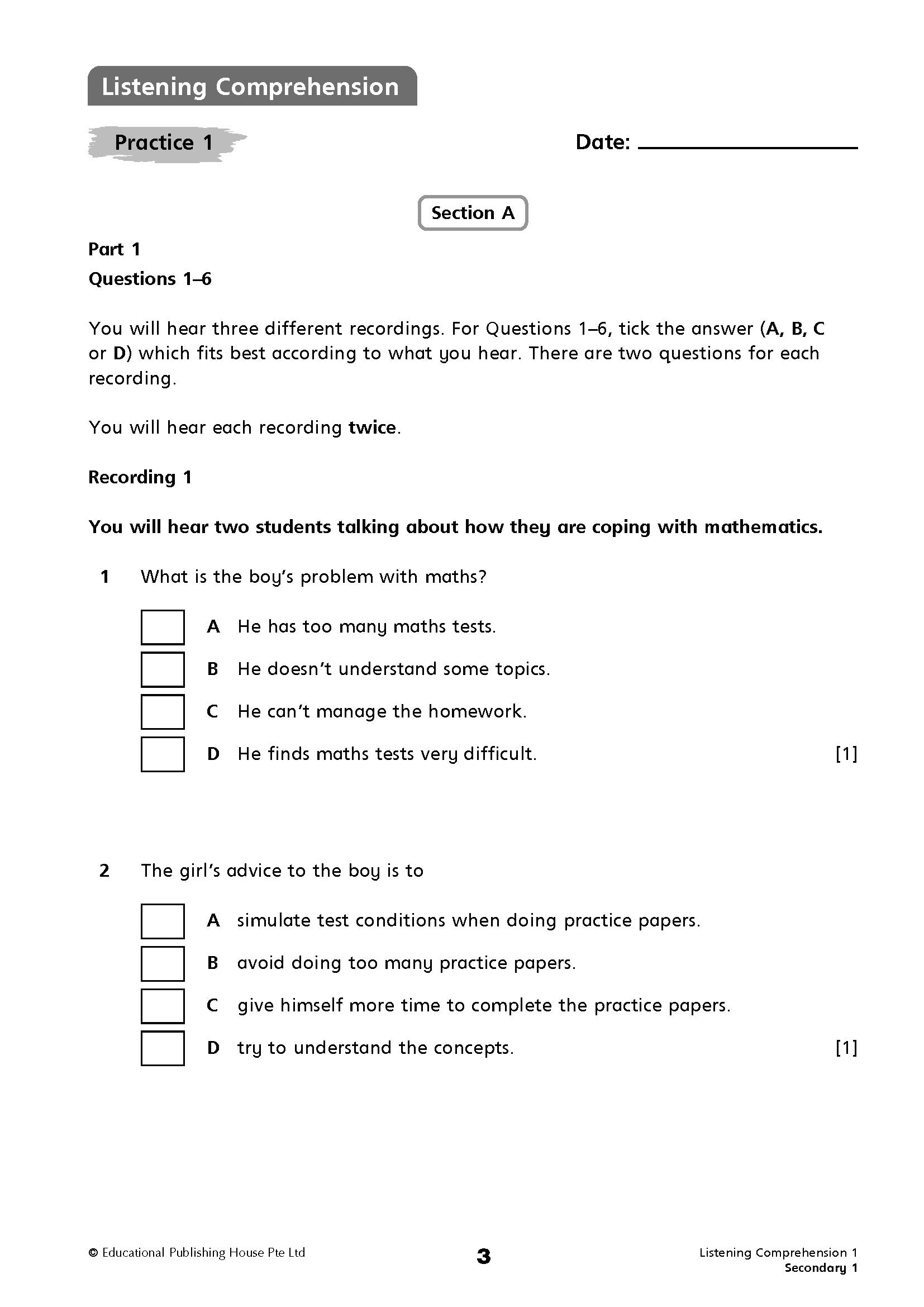 Secondary 1/G3 English Listening Comprehension And Oral Communication