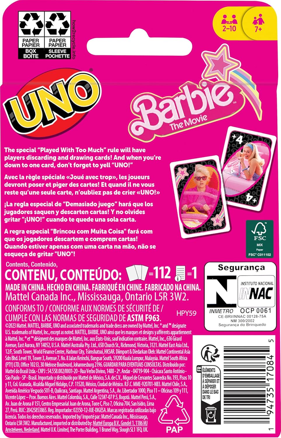 MATTEL UNO BARBIE THE MOVIE CARD GAME