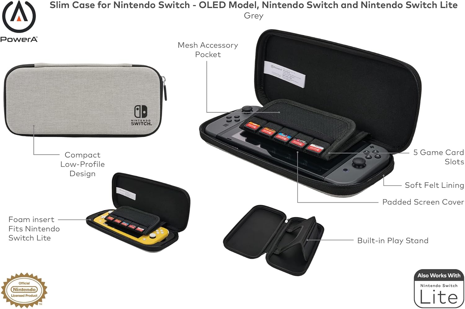 PowerA Slim Case for Nintendo Switch - OLED Model, Nintendo Switch or Nintendo Switch Lite - Grey (Officially Licensed)