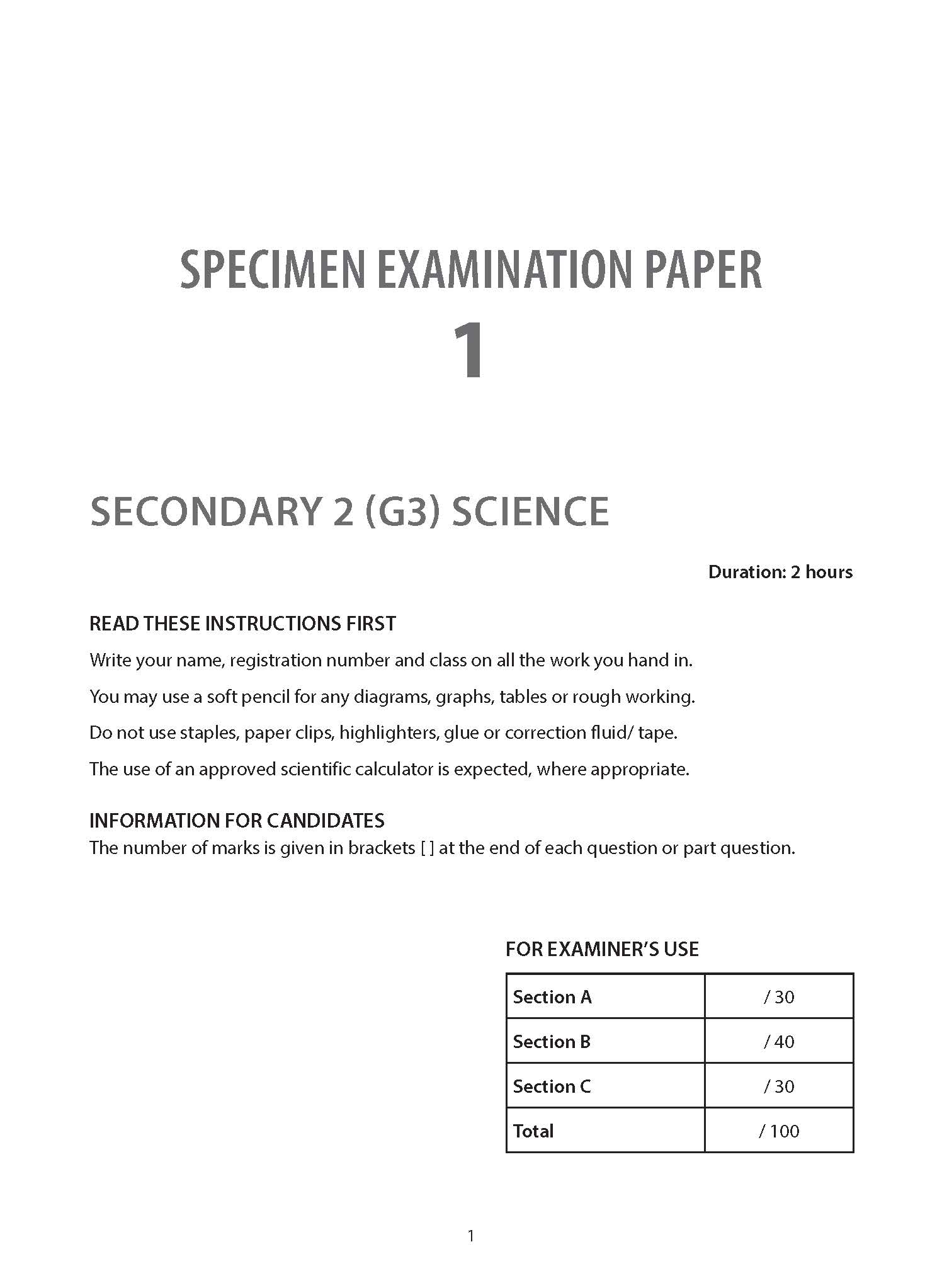Secondary 2 Science (G3) Examination Practice