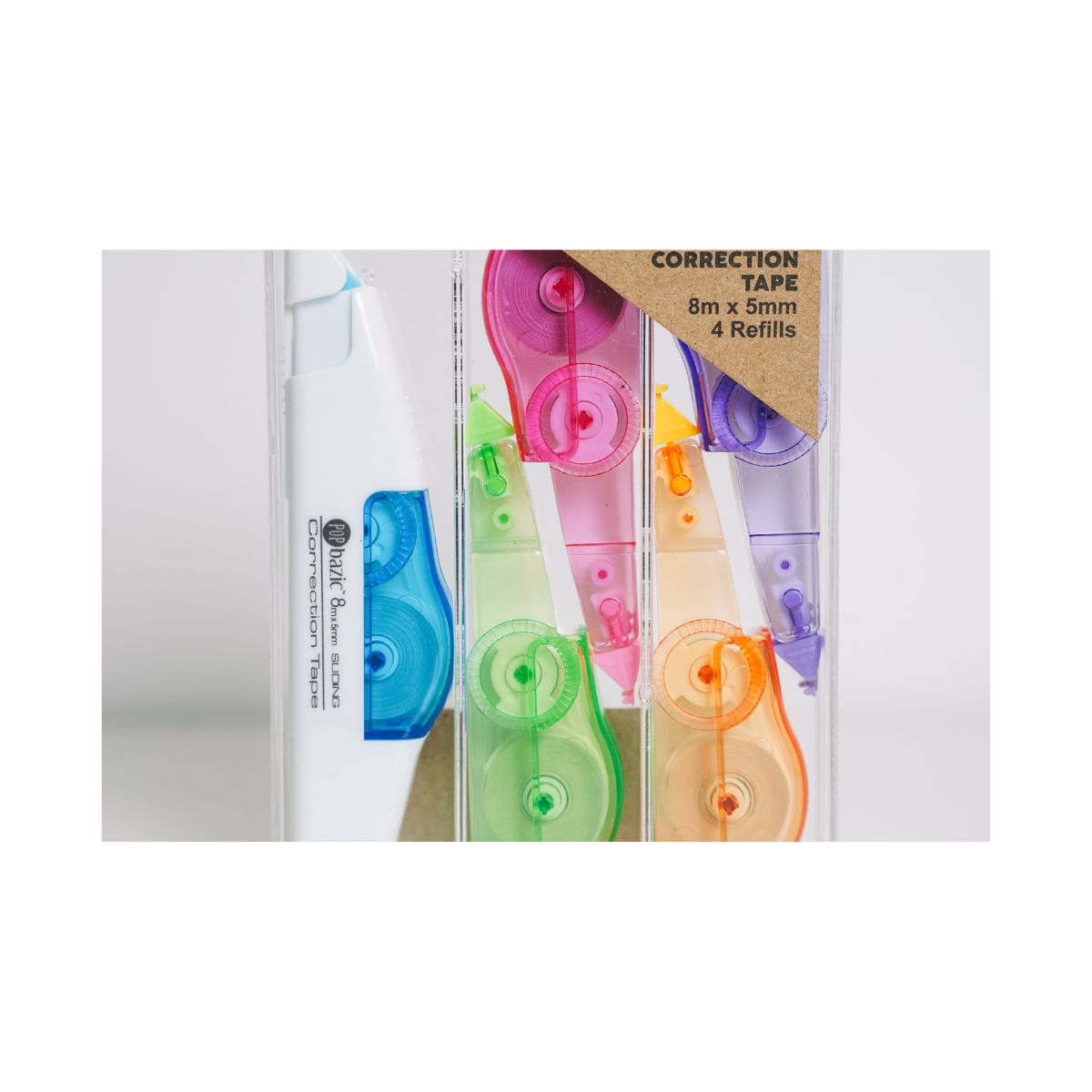 Pop Bazic Refillable Correction Tape Set (1 Applicator + 4 Refills, 5mm x 8m)