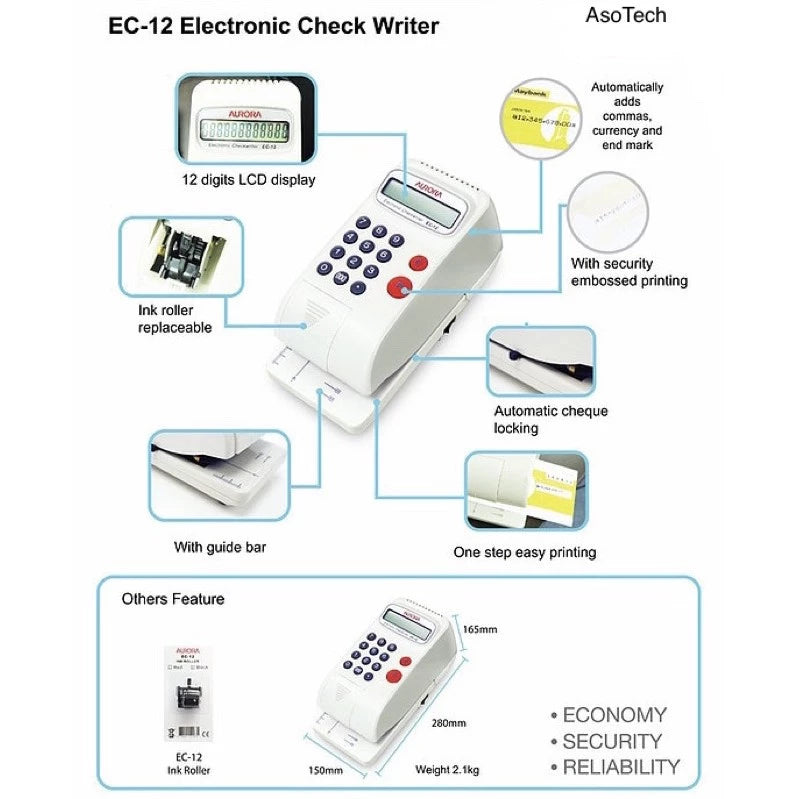 Aurora Cheque Writer EC12 - Come with Free Ink Roller