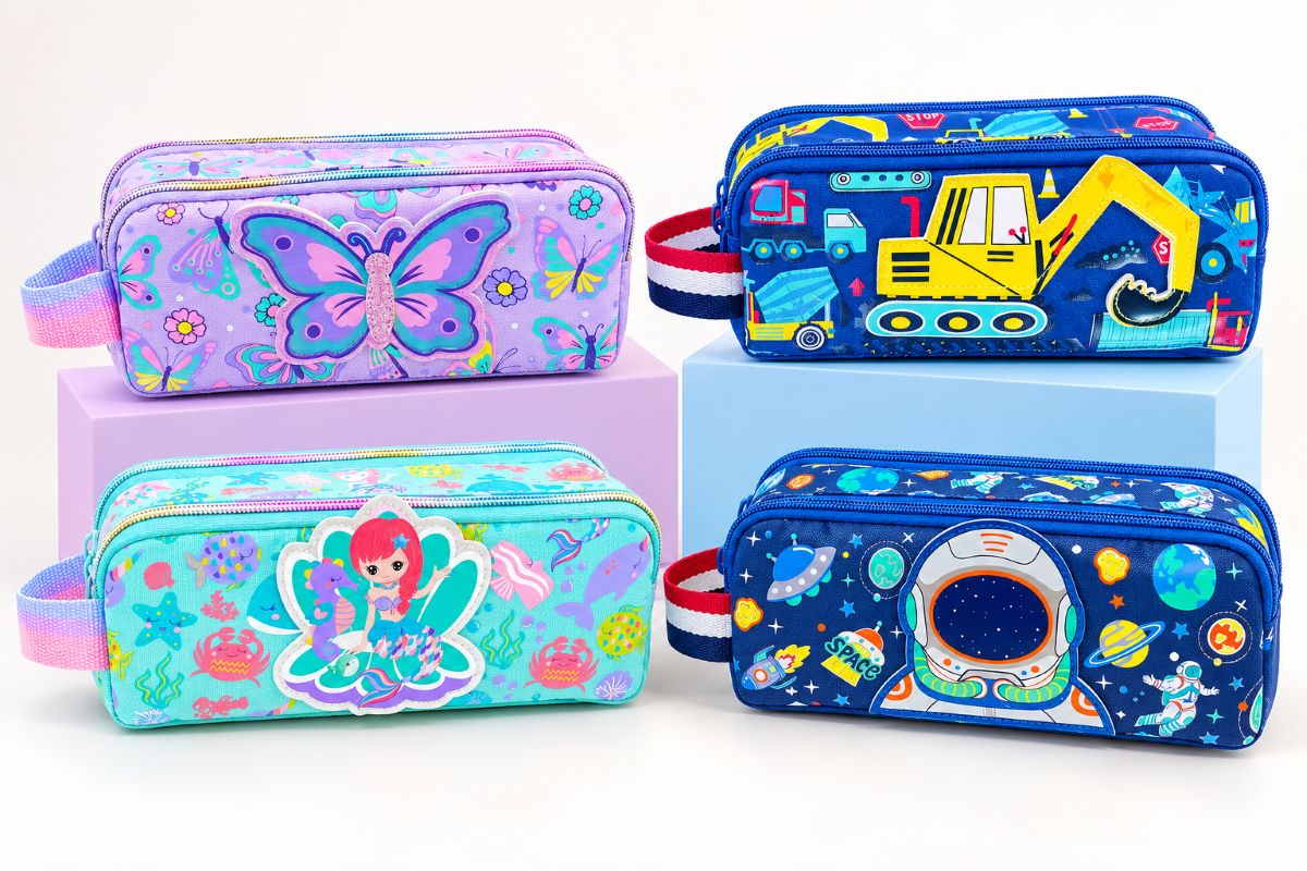 Printed Double Zip Pencil Case – 4 Assorted Designs