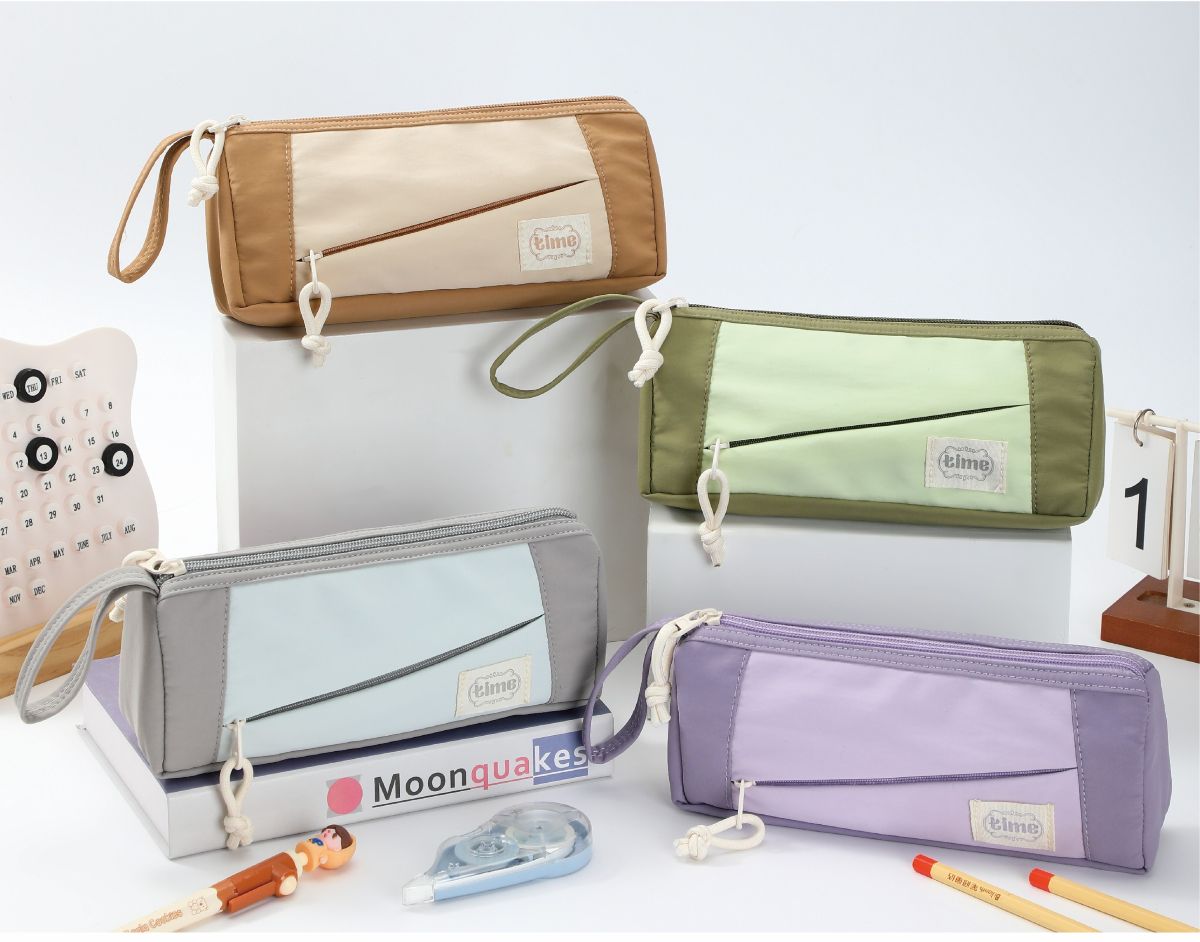  Colour Block Large Capacity Pencil Bag with Wrist Strap – 4 Assorted Colour 