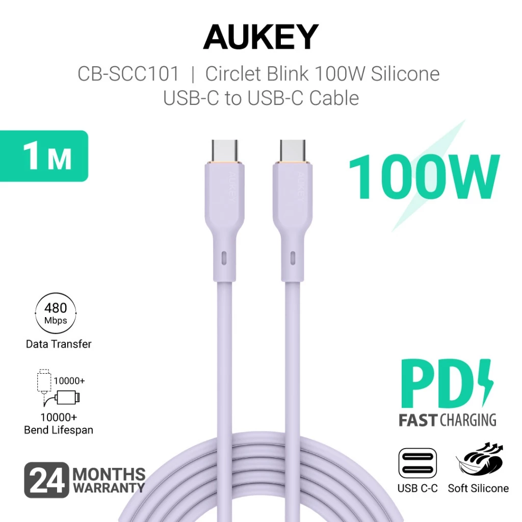 Aukey CB-SCC101 100W Silicone USB-C to USB-C Cable 1m