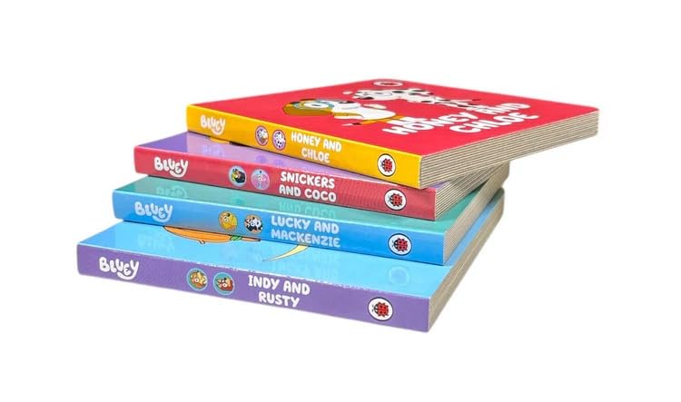 Bluey and Friends Little Library 4 Board Book Collection Box Set (Snickers and Coco, Honey and Chloe, Lucky and Mackenzie, Indy and Rusty) Board Book