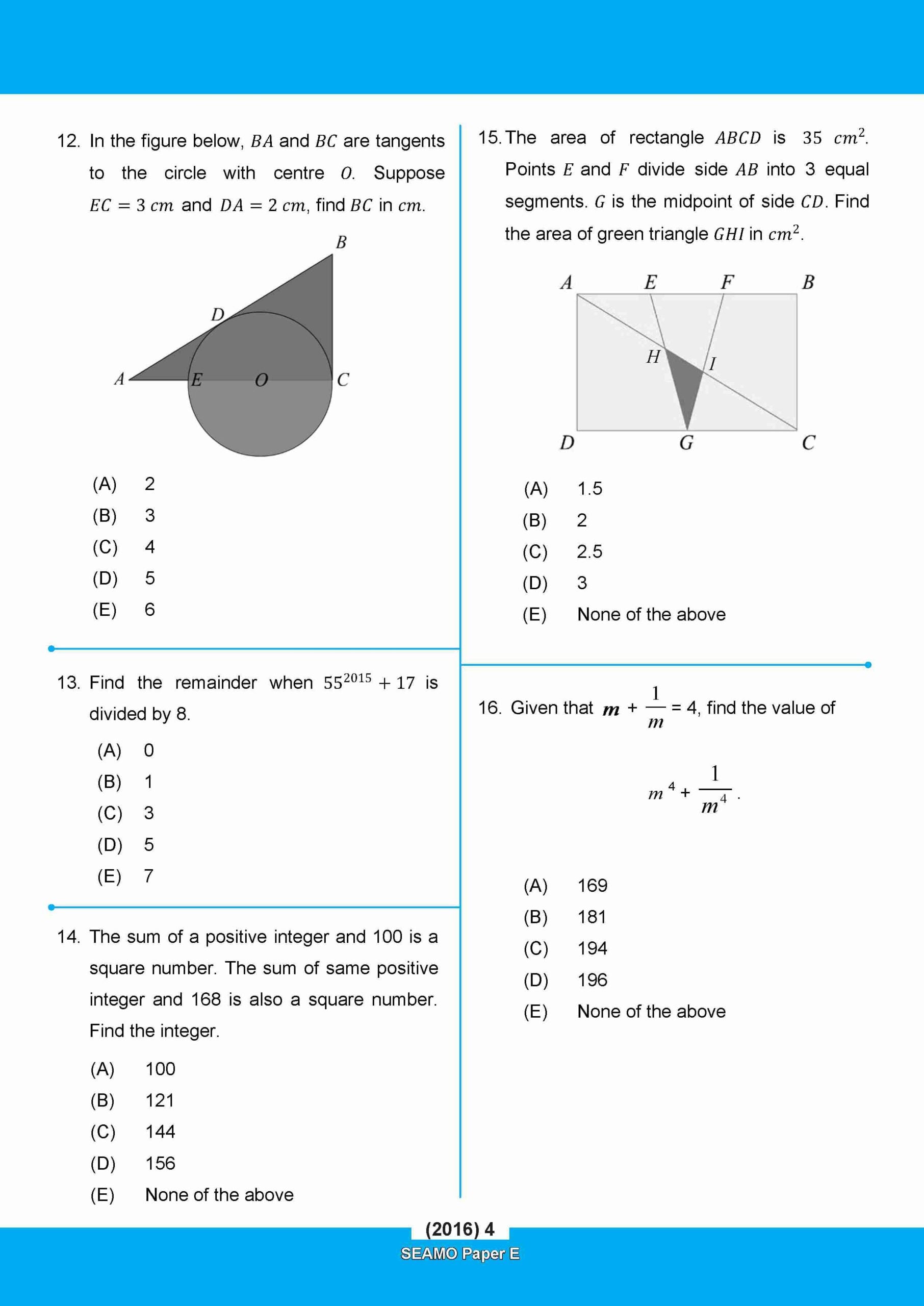 SEAMO Math Olympiad International Competition Preparation Paper E (SEAMO 2016-2025 + SEAMO X 2019-2026) Secondary 3&4
