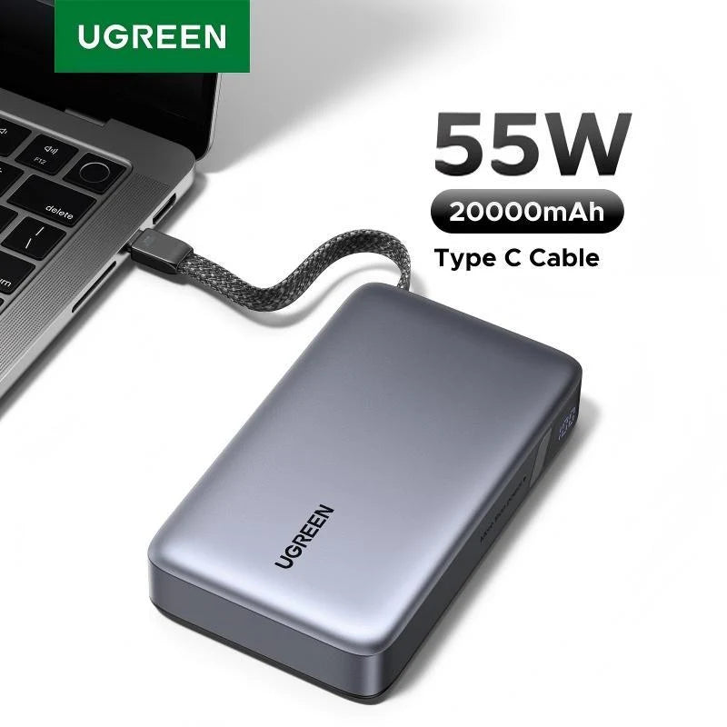 UGREEN PB537 20000mAh PD 55W CCC Power Bank with Built-in Cable – Black