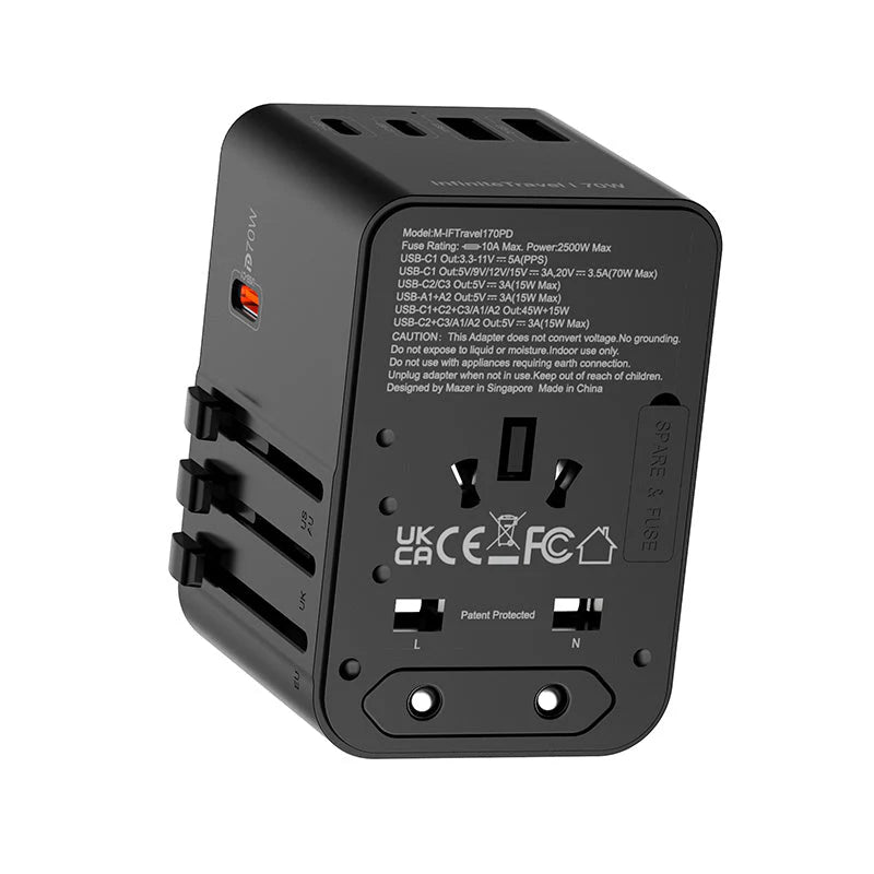 Mazer M-IFTravel170PD-BG InfiniteTravel GaN PD70W 3C+2A World Travel Charger (Black)