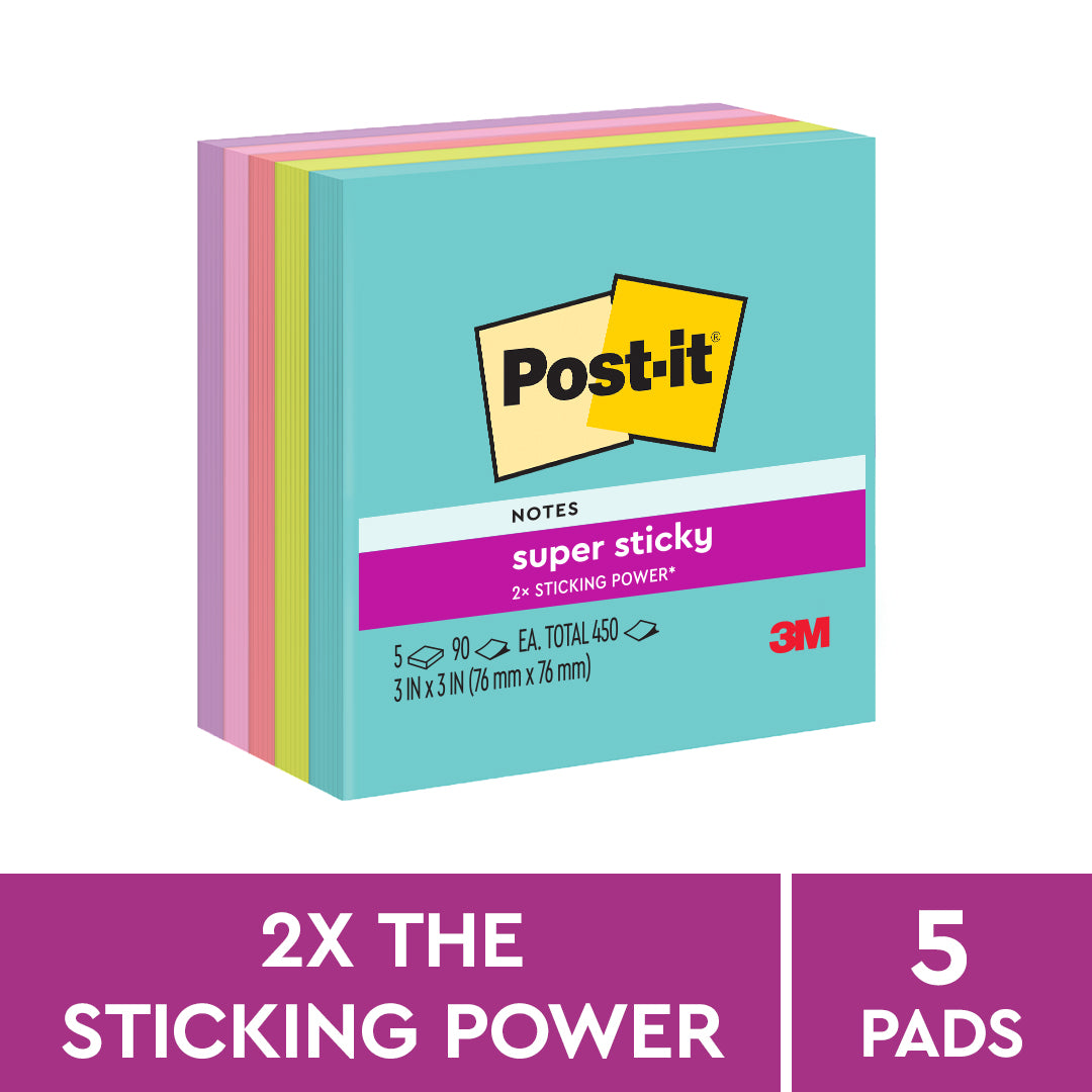 Post-it® 654-5SSMIA Super Sticky Notes Miami Collection, 3x3"