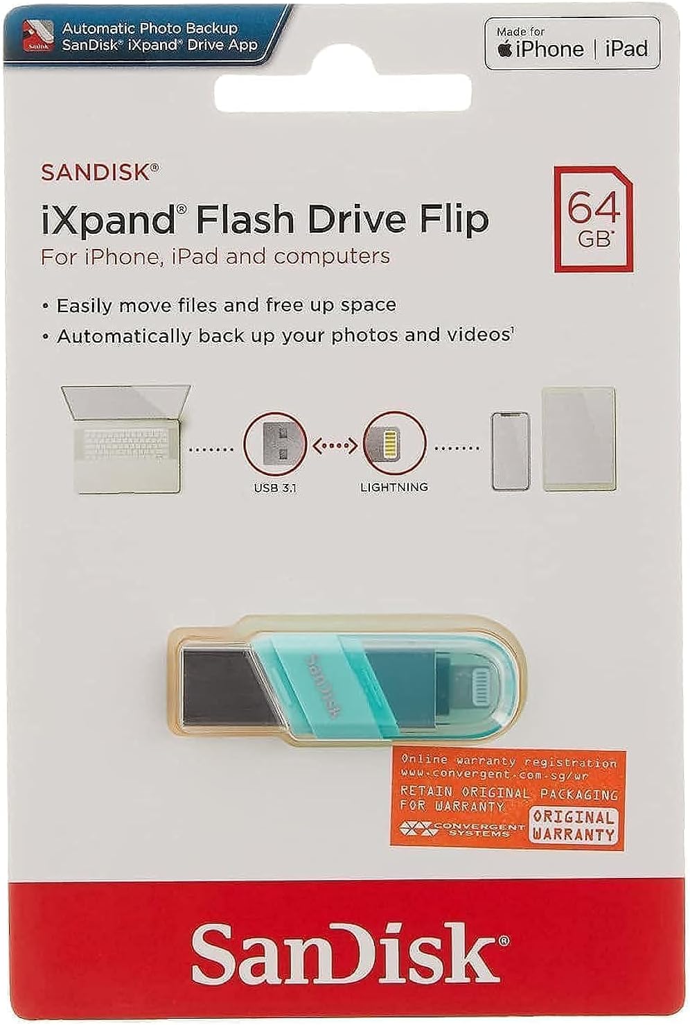 Sandisk SDIX90N-064G-GN6NK USB 3.0 iXpand Flash Drive Flip, 64GB, Mint Green