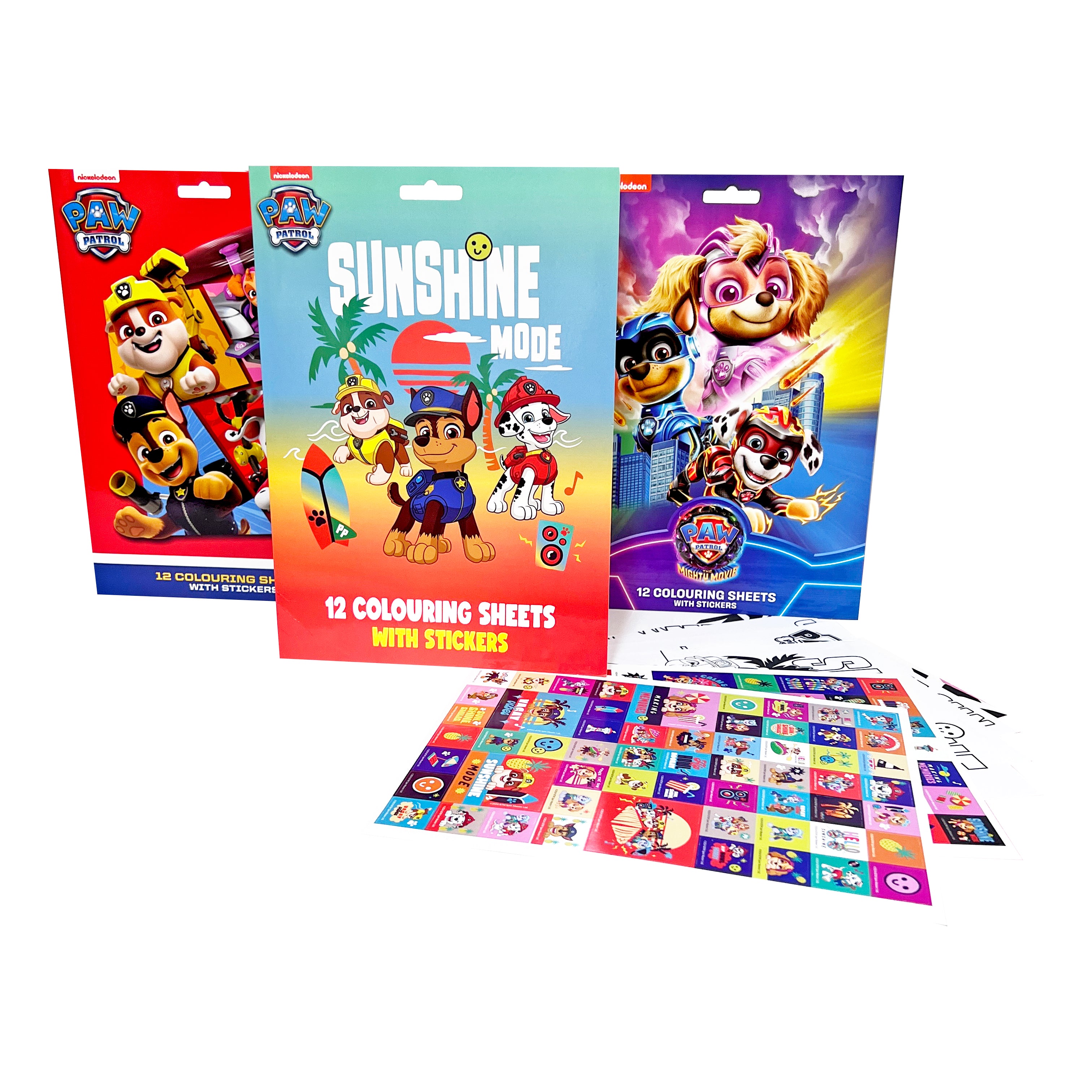 PAW PATROL 12 COLOURING SHEETS WITH STICKERS SUNSHINE MODE