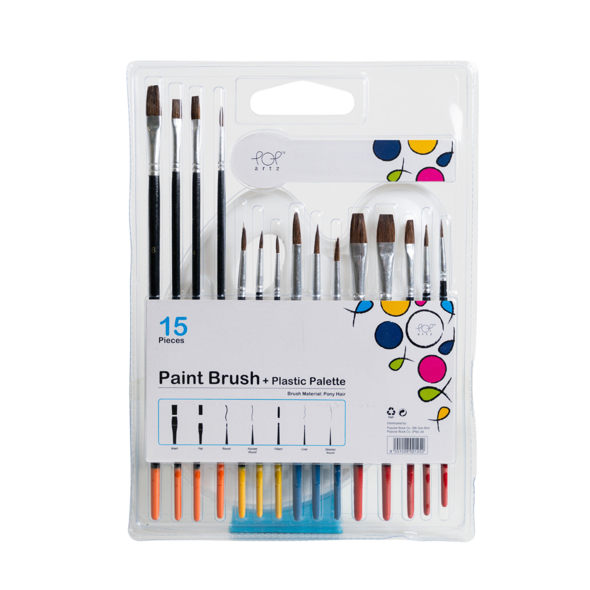 Pop Artz Paint Brush Set - 15 Pieces with Plastic Palette (A1002638)