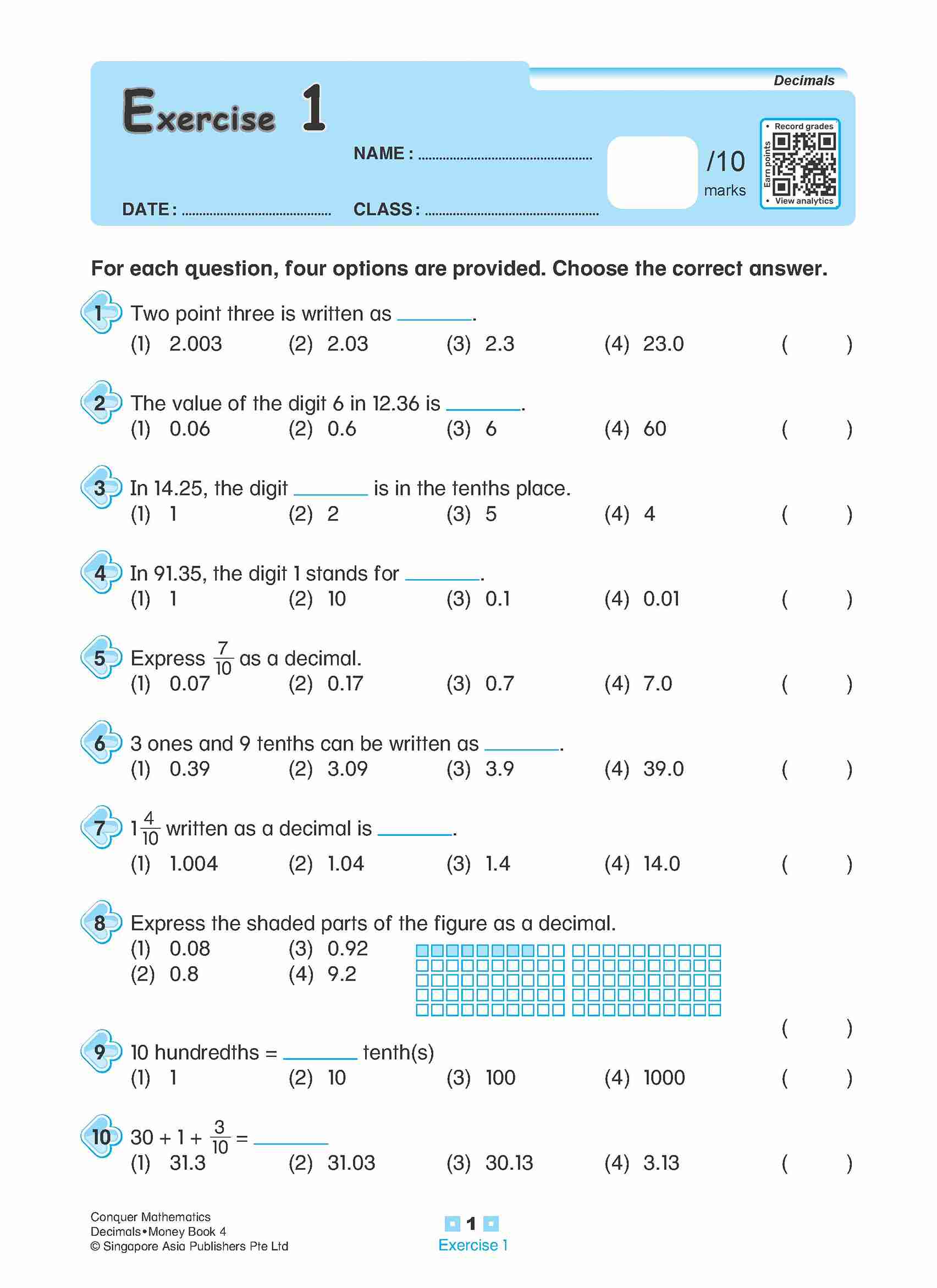 Primary 4 Conquer Mathematics Decimals • Money Workbook 4