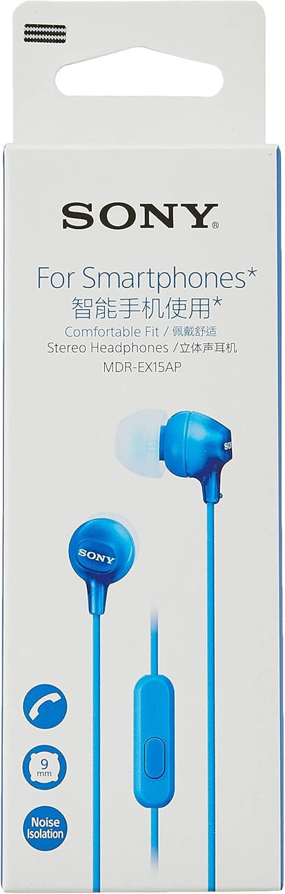 Sony MDR-EX-15AP In-Ear Wired Headphones with Mic, 9mm Dynamic Driver - Blue