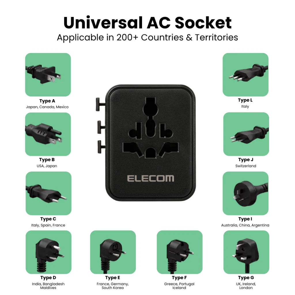 ELECOM Universal Travel Adapter, GaN II 70W International Plug Type C Type A Charging Ports Storage Bag Included