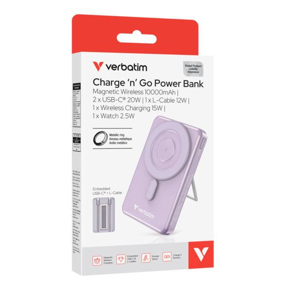 Verbatim 5-in-1 Charge ‘n’ Go 10000mAh Magnetic Wireless Power Bank - Purple
