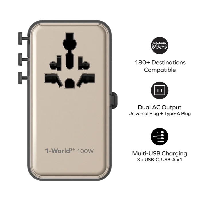 Momax UA25 1-World2+ 100W 4-Port Dual AC Travel Adapter w/ Built-in Retractable Cable - Titanium