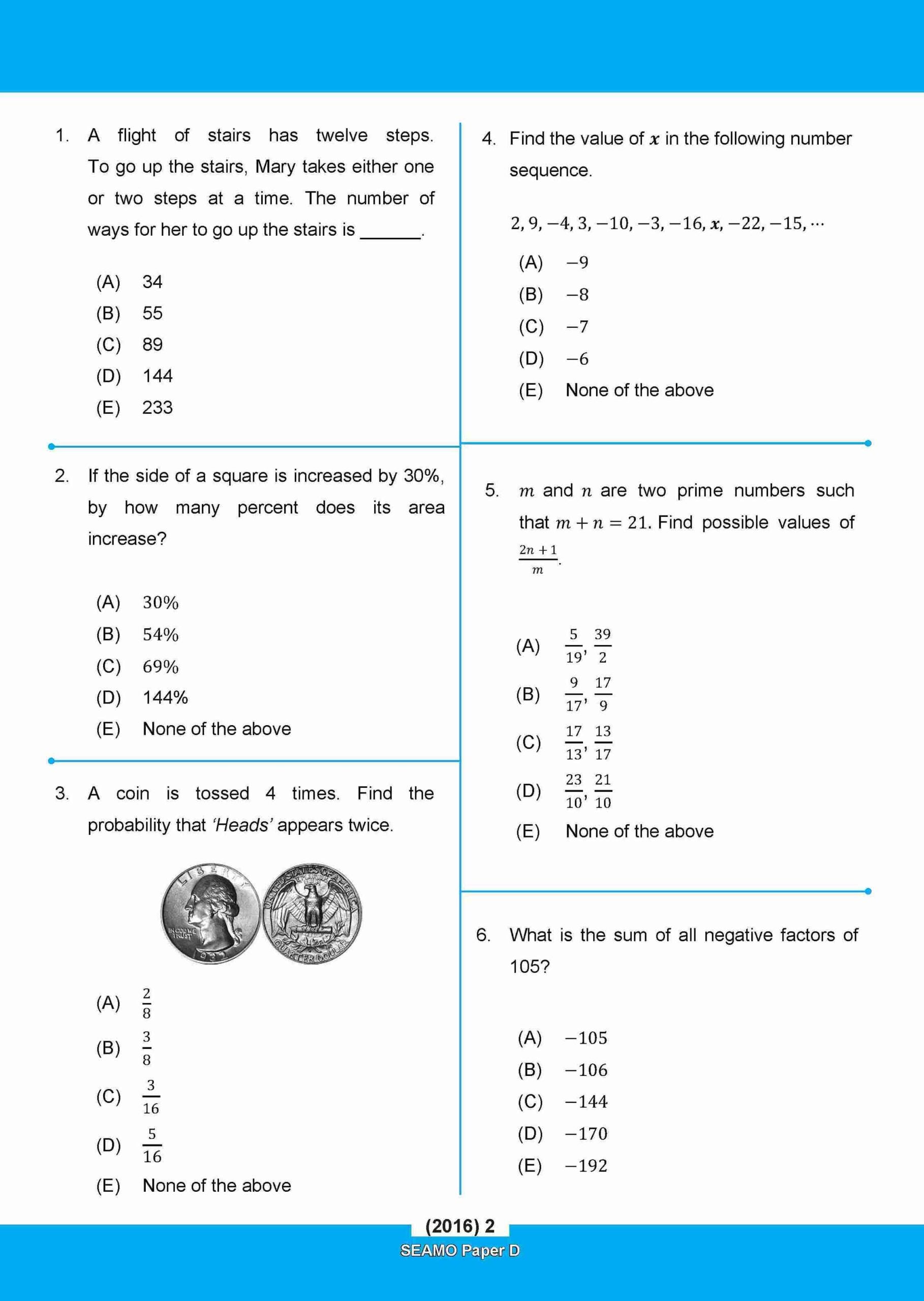 Secondary 1&2 SEAMO Math Olympiad International Competition Preparation Paper D (SEAMO 2016-2024 + SEAMO X 2019-2025)