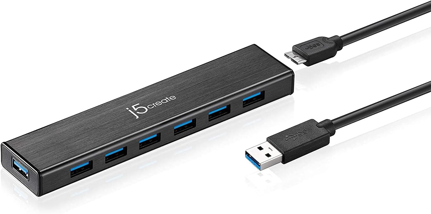 j5Create JUH377 USB 3.0 7-Port Hub with AC Power Adapter, Black