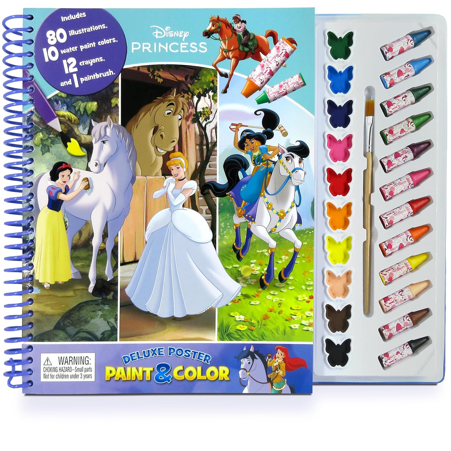Disney Princess Deluxe Poster Paint & Color - Coloring Book For Kids, 80 Illustrations, 10 Watercolor Paints, 12 Crayons, 1 Paint Brush (Spiral-Bound – Coloring Book)