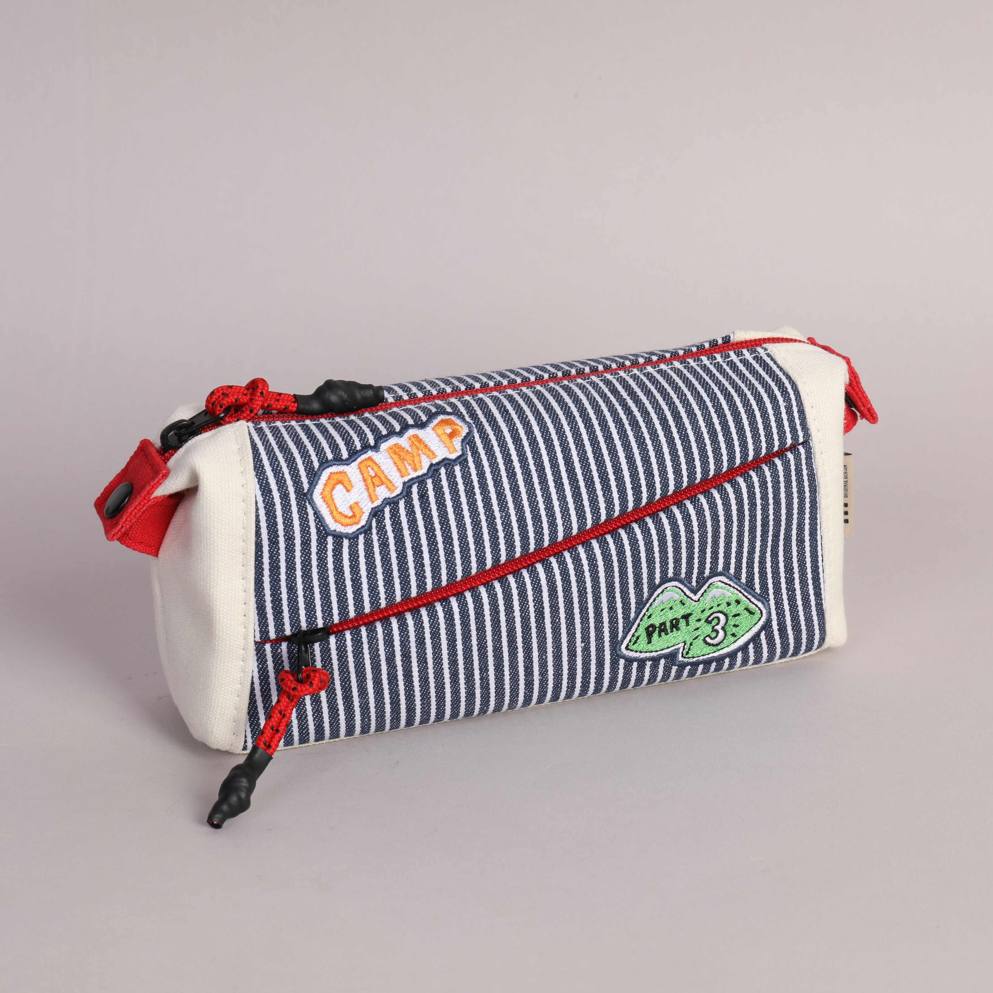 Double Zip Pencil Bag with Embroidery Patch - Beige Strip