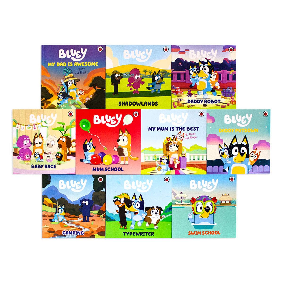 Bluey Gotta Be Done! 10 Picture Books Story Collection Box Set (Typewriter, Swim School, Shadowlands, My Mum is the Best, Mum School, Daddy Robot, Daddy Putdown, My Dad is Awesome, Camping, Baby Race)