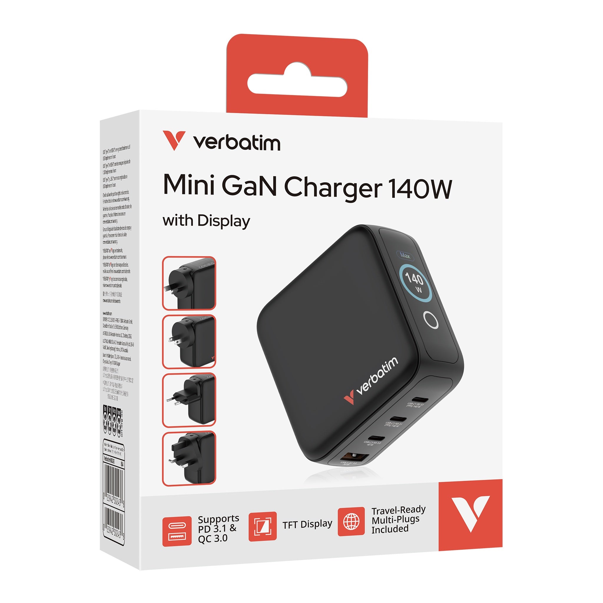 Verbatim 4-Port 140W Mini GaN Charger with Display (US/EU/UK/AU) Black