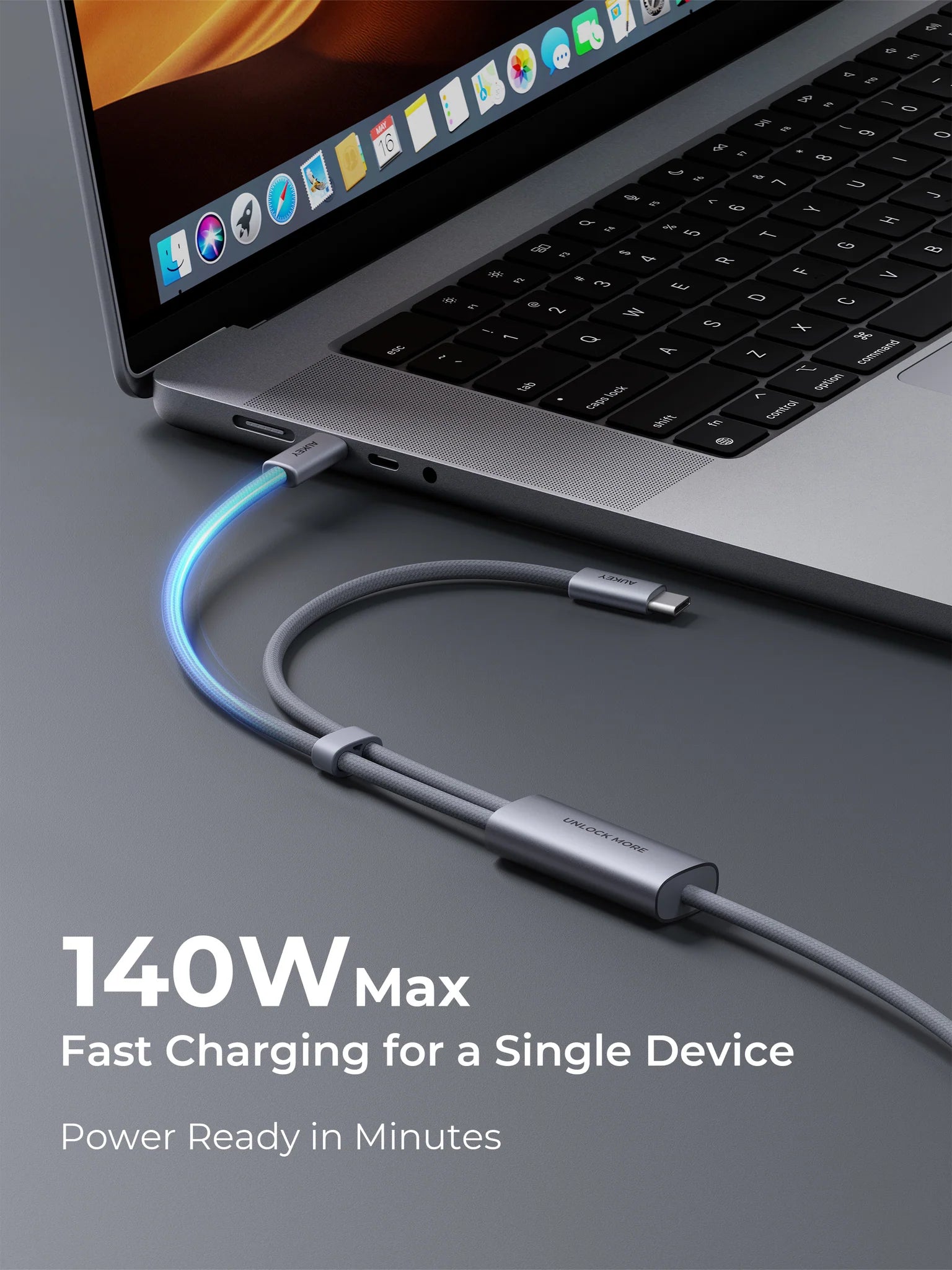Aukey CB-DCC142 Circlet Blink 140W 2-in-1 DTY Braided USB-C to USB-C Cable – Grey (2M)