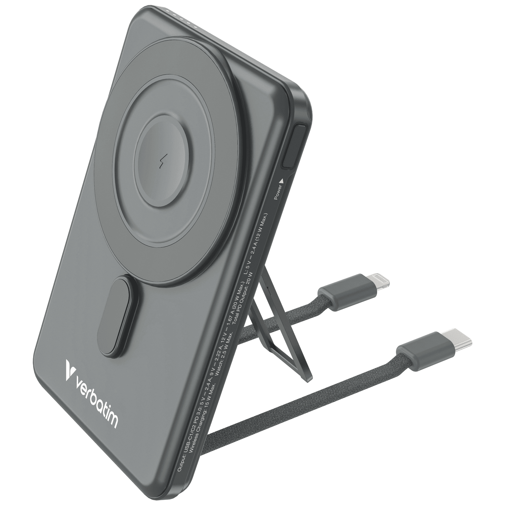 Verbatim 5-in-1 Charge ‘n’ Go 5000mAh Magnetic Wireless Power Bank 1C1L - Grey