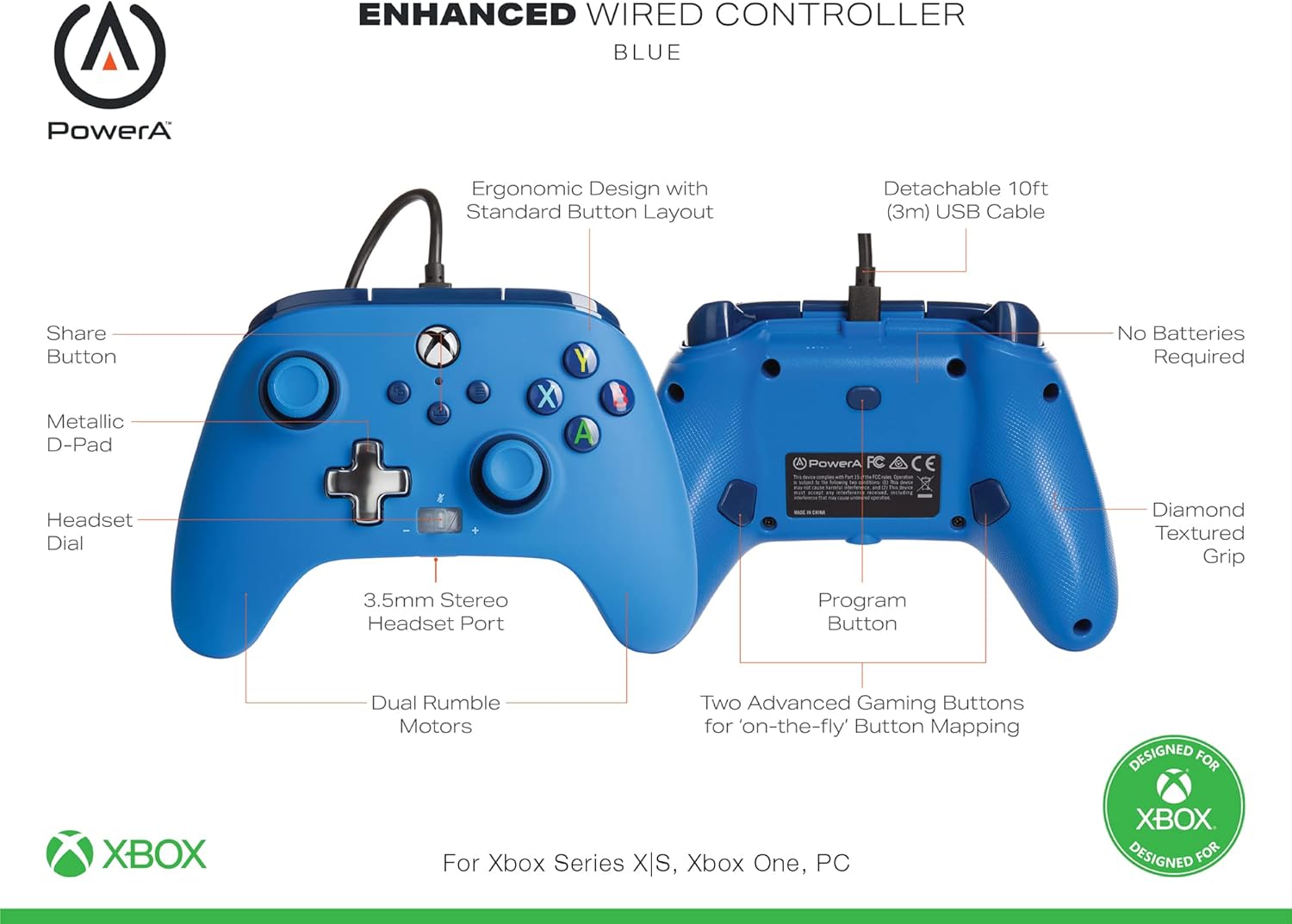 PowerA Enhanced Wired Controller for Xbox Series X|S, Xbox One, Windows 10/11 - Blue (Officially Licensed)