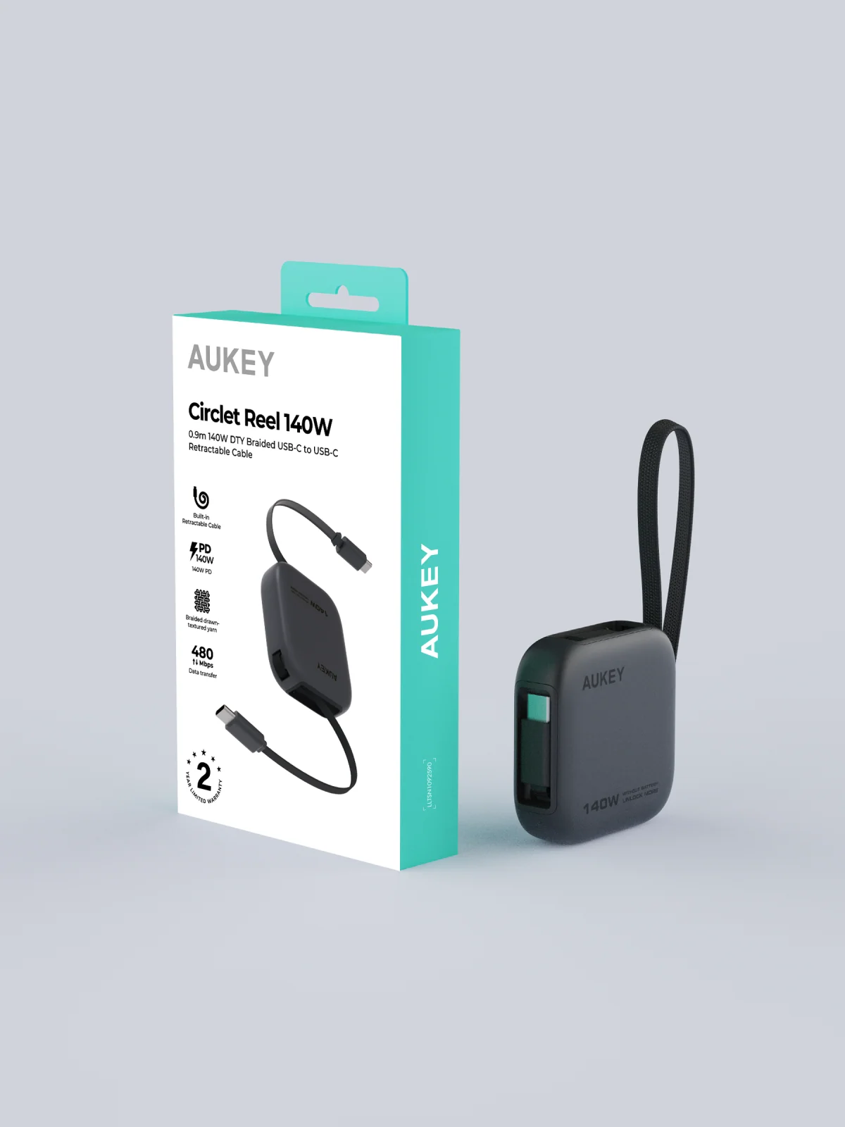 Aukey CB-DCC143 Circlet Reel 140W 0.9m DTY Braided USB-C to USB-C Retractable Cable - Dark Grey