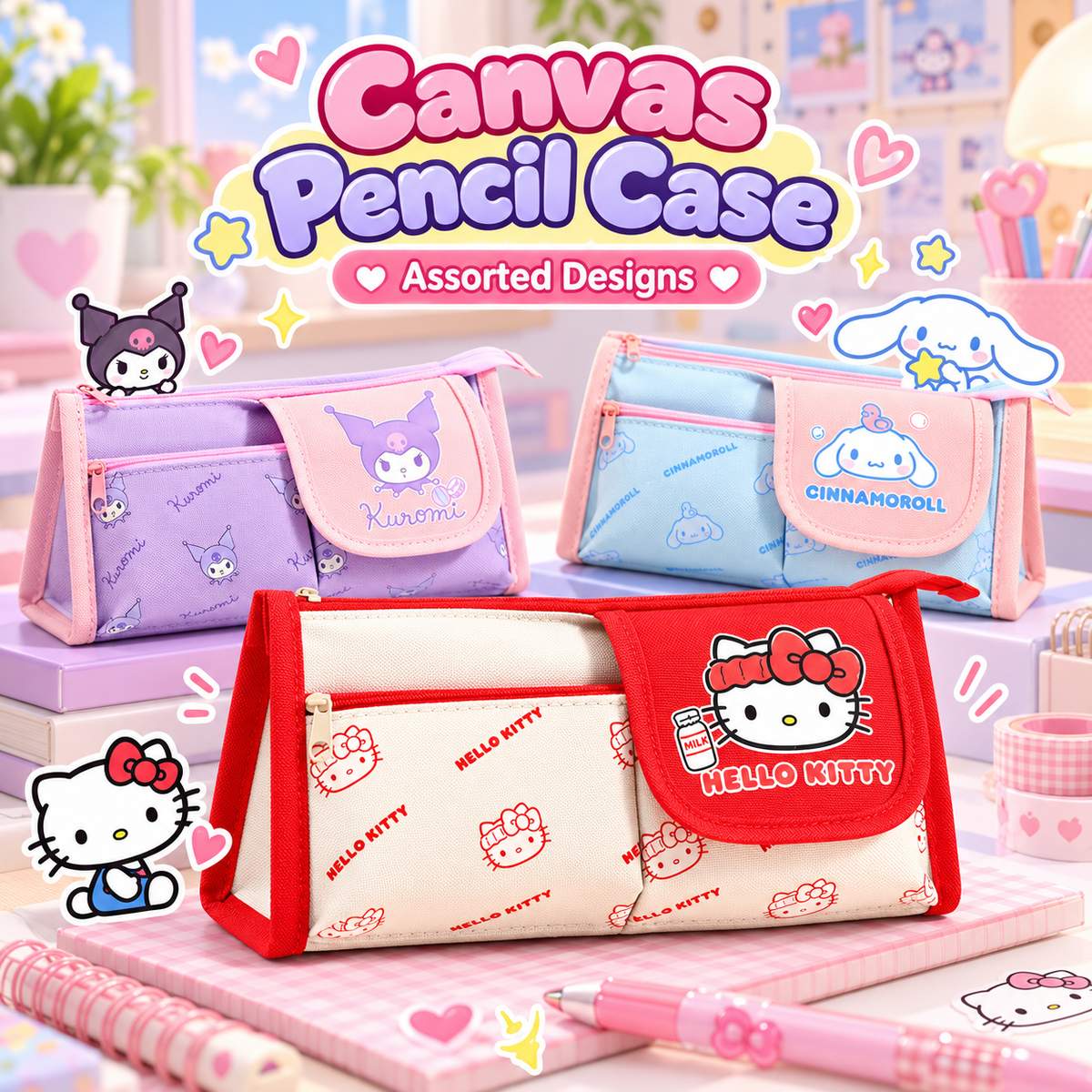  Sanrio Canvas Pencil Case - 3 Assorted Designs 