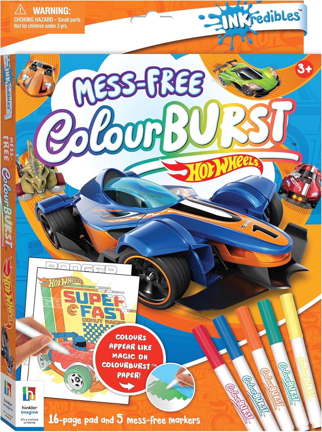 Inkredibles Colour Burst Hot Wheels – 16-Page Colouring Book with 5 Mess-Free Markers