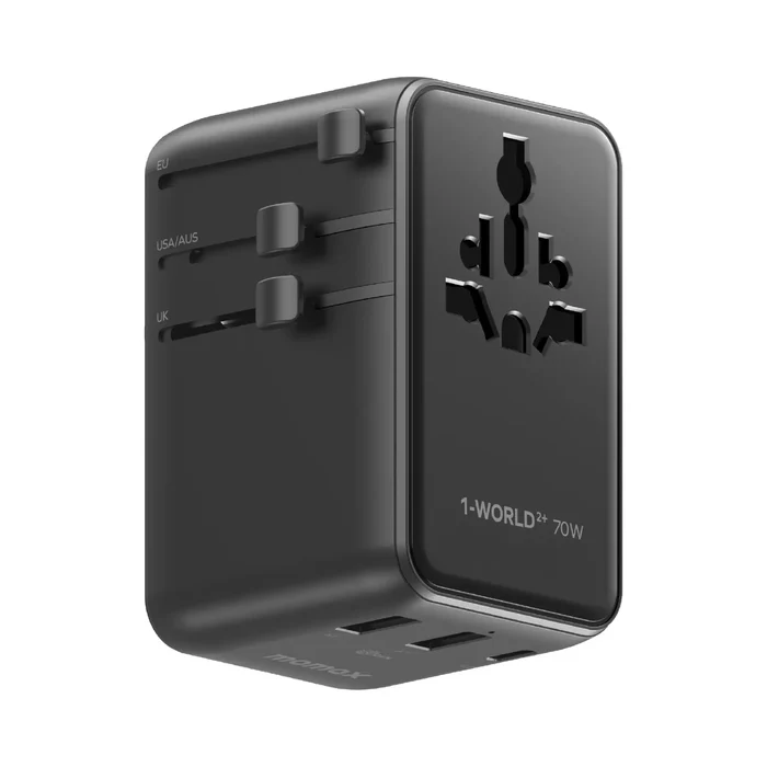 Momax UA30 1-World2+ 70W 3-Port Dual AC Travel Adaptor with Built-in retractable Cable - Black