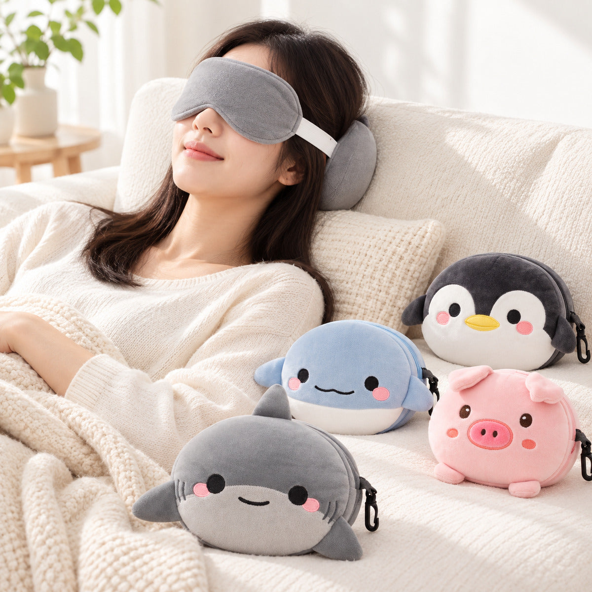  2 In 1 Plush Eye Mask And Head Rest Cushion - Grey Shark 
