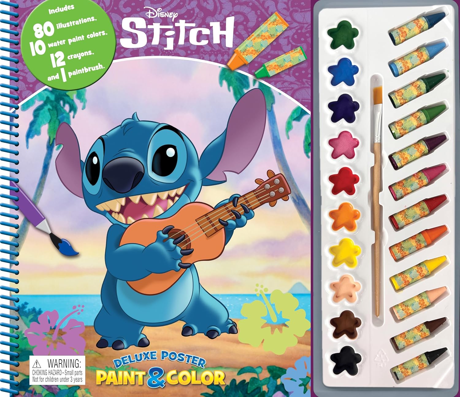 Disney Stitch Deluxe Poster Paint & Color - Coloring Book For Kids, 80 Illustrations, 10 Watercolor Paints, 12 Crayons, 1 Paint Brush (Spiral-Bound – Coloring Book)