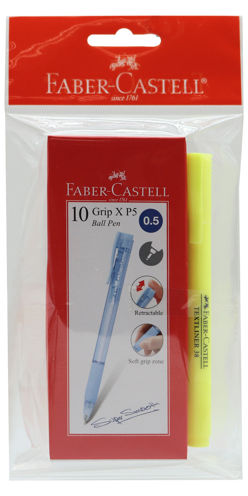 Faber-Castell Grip X P5 Ball Pen (545012(Blue)) + Textliner 38 Yellow-545030