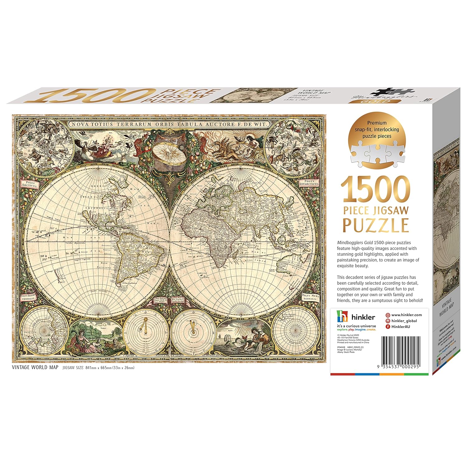 HINKLER MINDBOGGLERS GOLD 1500 PIECE JIGSAW PUZZLE VINTAGE WORLD MAP