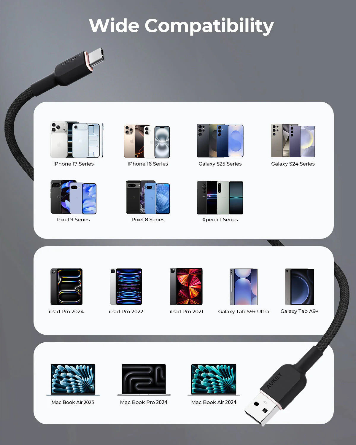 Aukey CB-DAC04 15W Circlet AC 1.8m DTY Braided Fast Charging Fast Data Transfer USB-A to USB-C Cable - Black