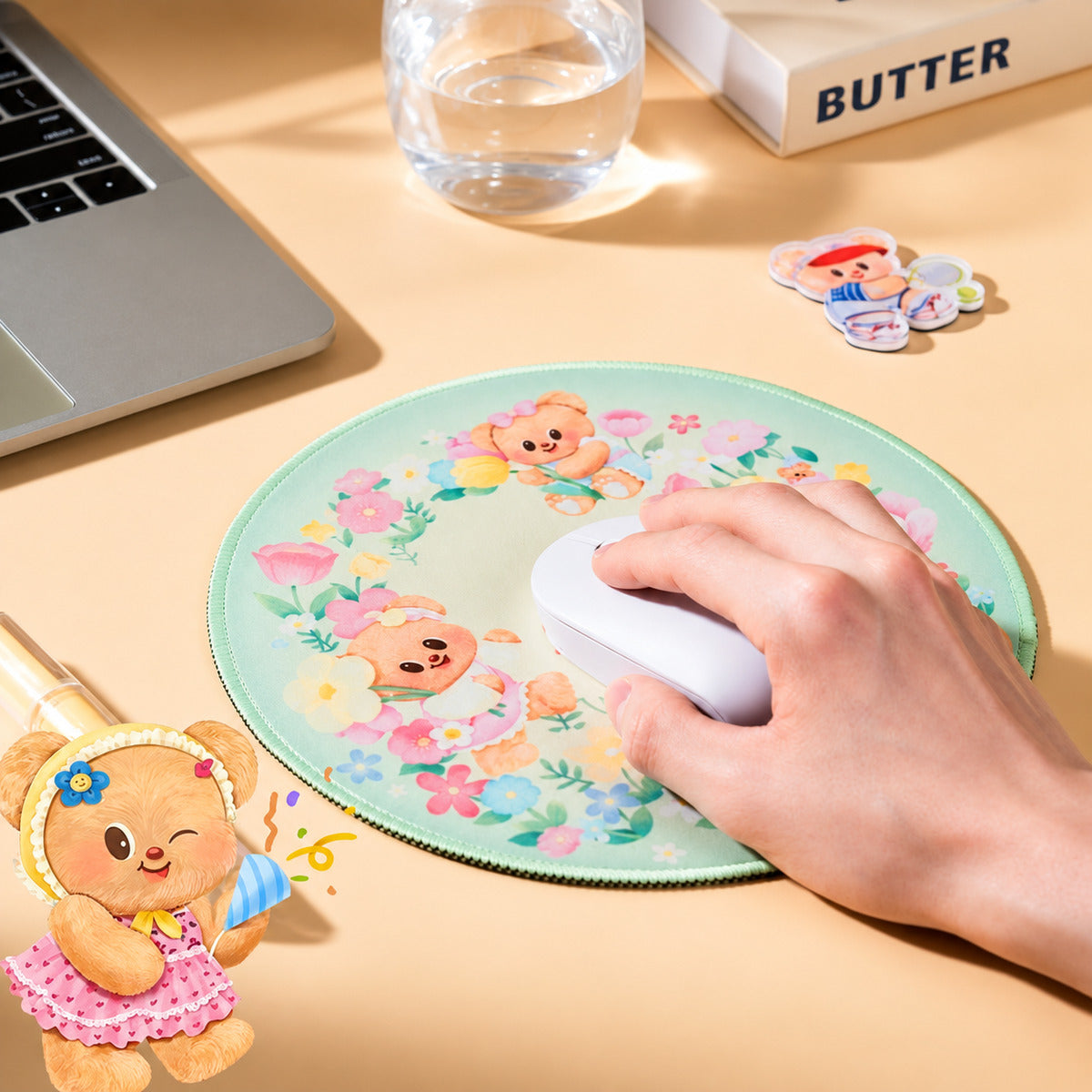  Deli Butterbear Spring Time Round Mouse Pad - Green 