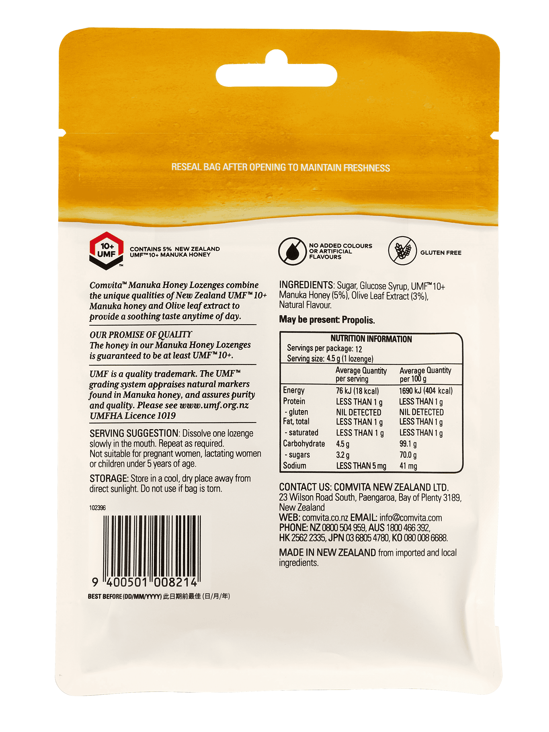 Comvita Manuka Honey Lozenges with Olive Leaf Extract - 12s