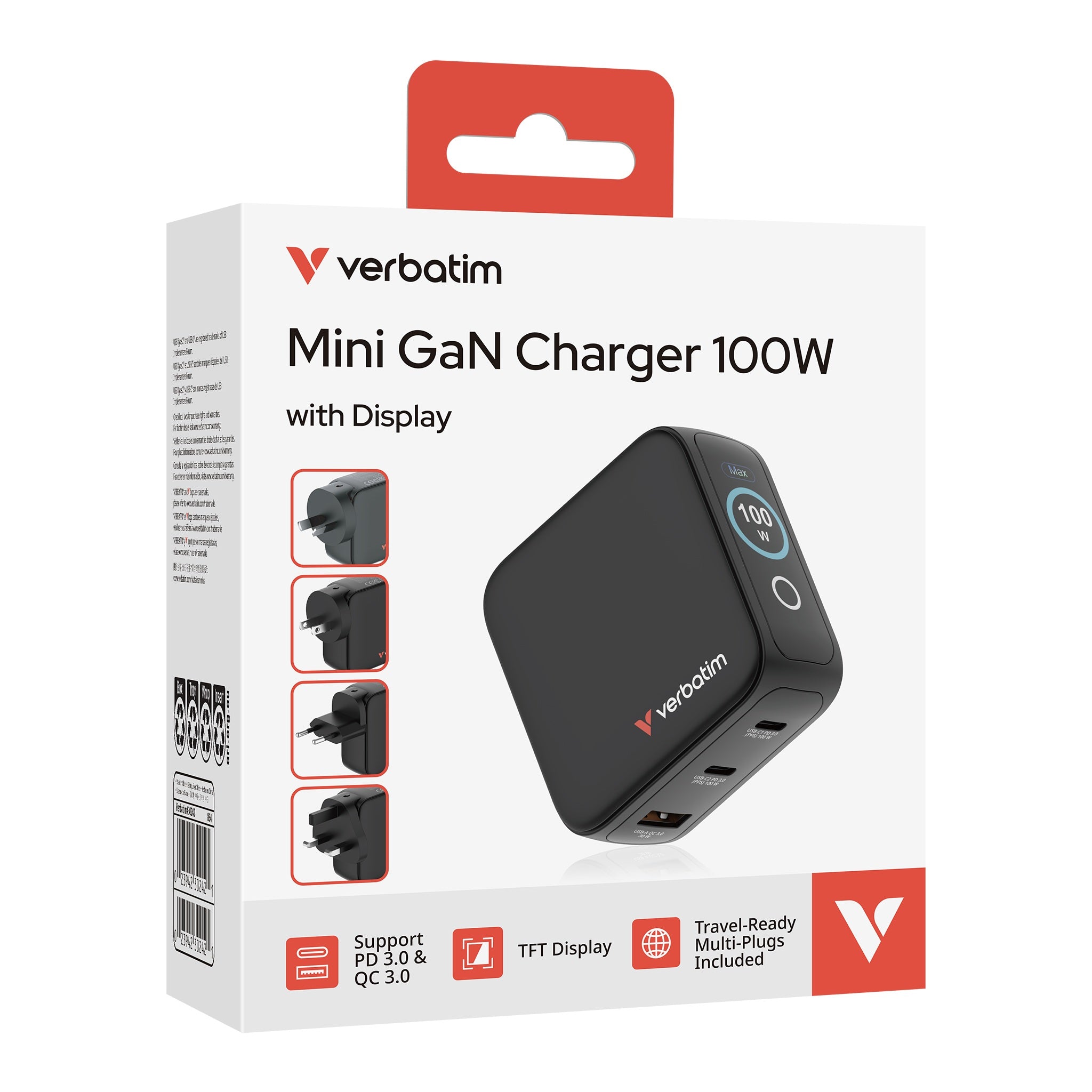 Verbatim 3-Port 100W Mini GaN Charger with Display (US/EU/UK/AU) Black