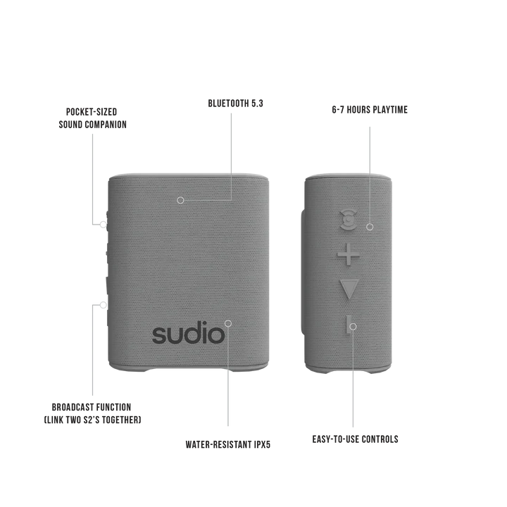 Sudio S2 Bluetooth Speaker With Loud Sound And Deeper Bass Long Playtime Ipx5 Waterproof Bluetooth 5.3 Tws Pairing Portable Wireless Compact Speaker For Home, Outdoor (grey)