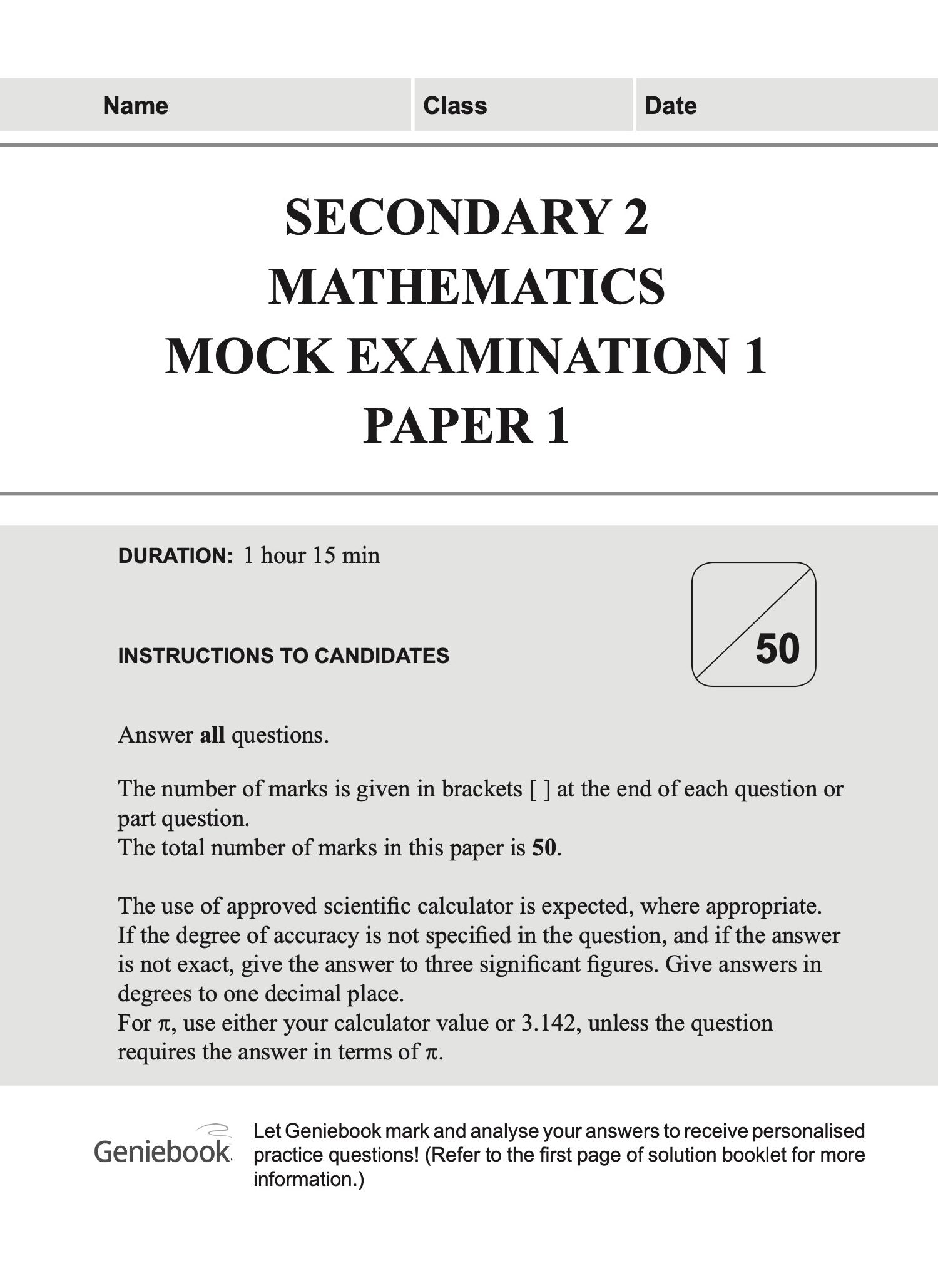 Secondary 2 Mathematics Mock Examinations