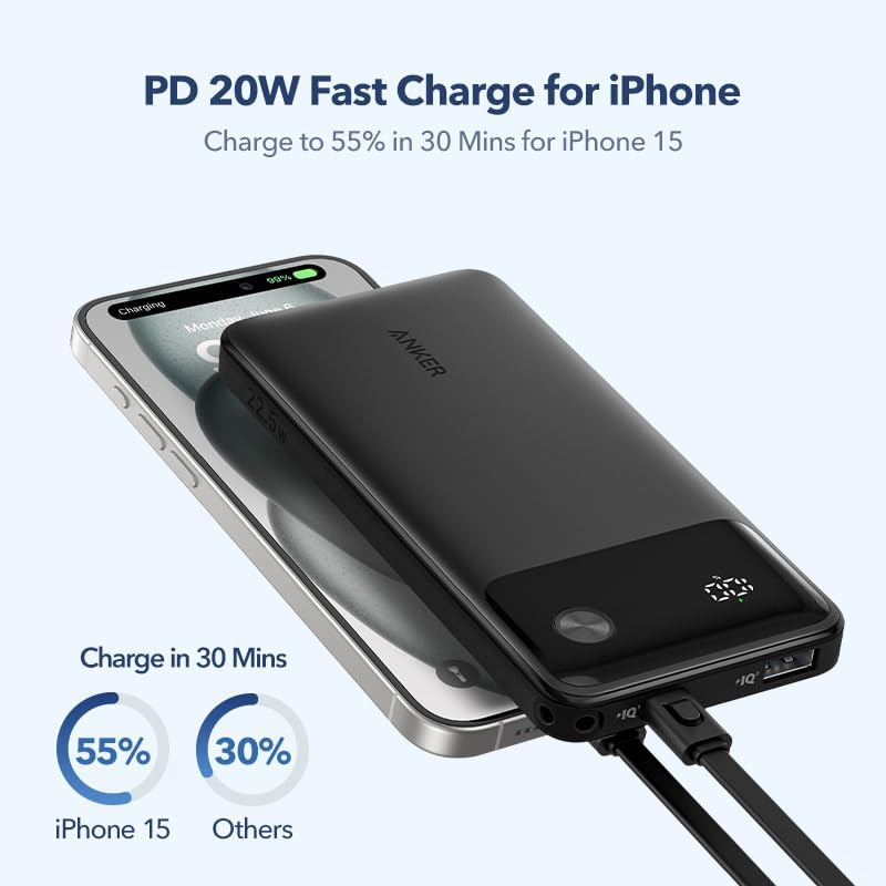 ANKER 10000mAh 22.5W 2-Output Power Bank with Cable & Display