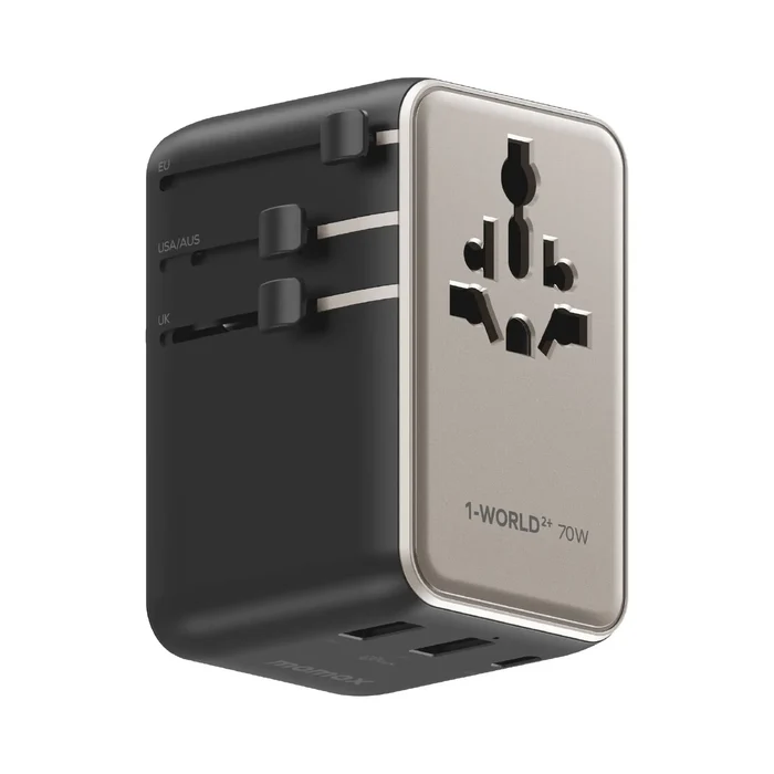 Momax UA30 1-World2+ 70W 3-Port Dual AC Travel Adaptor with Built-in retractable Cable - Titanium