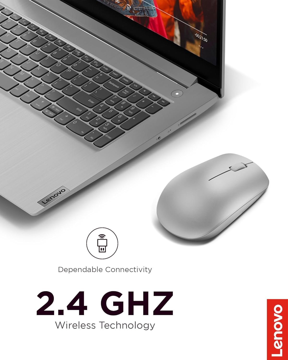 Lenovo 530 Wireless Mouse, Ambidextrous Design, Nano USB Connection, Compatible with Windows Laptops and PCs – Platinum Grey